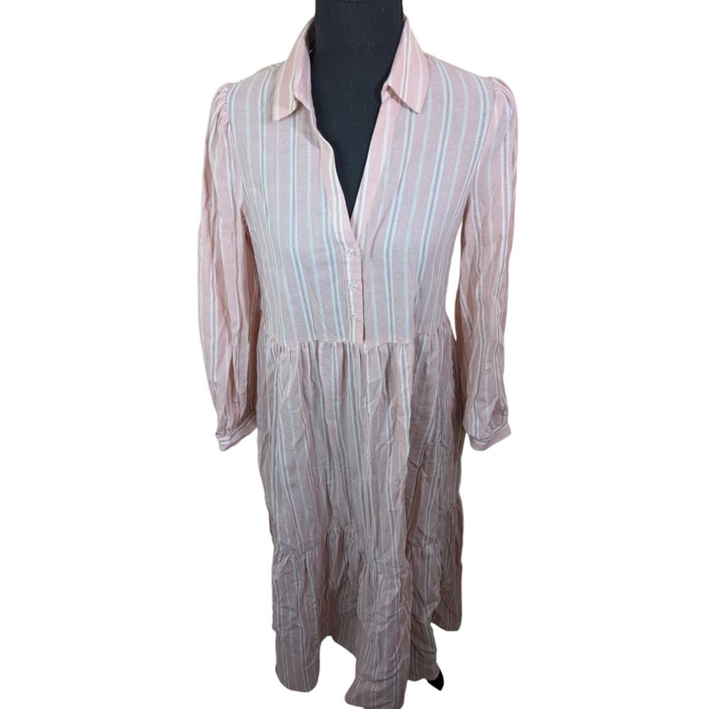 Sundays Elliot Shirt Dress Midi Maxi Pink Striped Collared Preppy Small